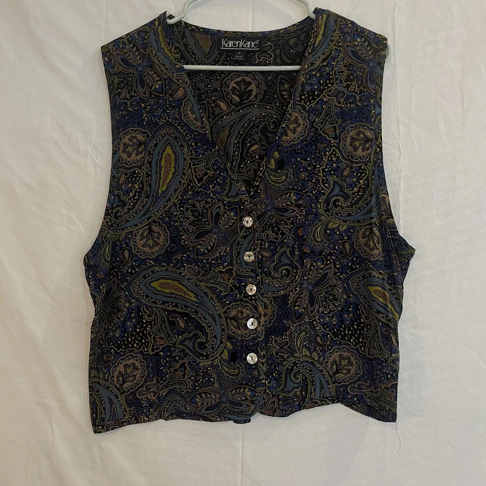 Karen Kane Vest Womens Medium Blue‎ Paisley Button Front Tie Back Made in USA